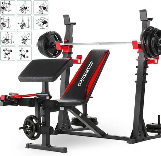 OPPSDECOR 900LBS Pro Weight Bench with Squat Rack | Easy Assembly | Flat Incline Decline Bench Press Set with Leg Developer & Preacher Curl, Heavy Duty Full-Body Home Gym Workout Station