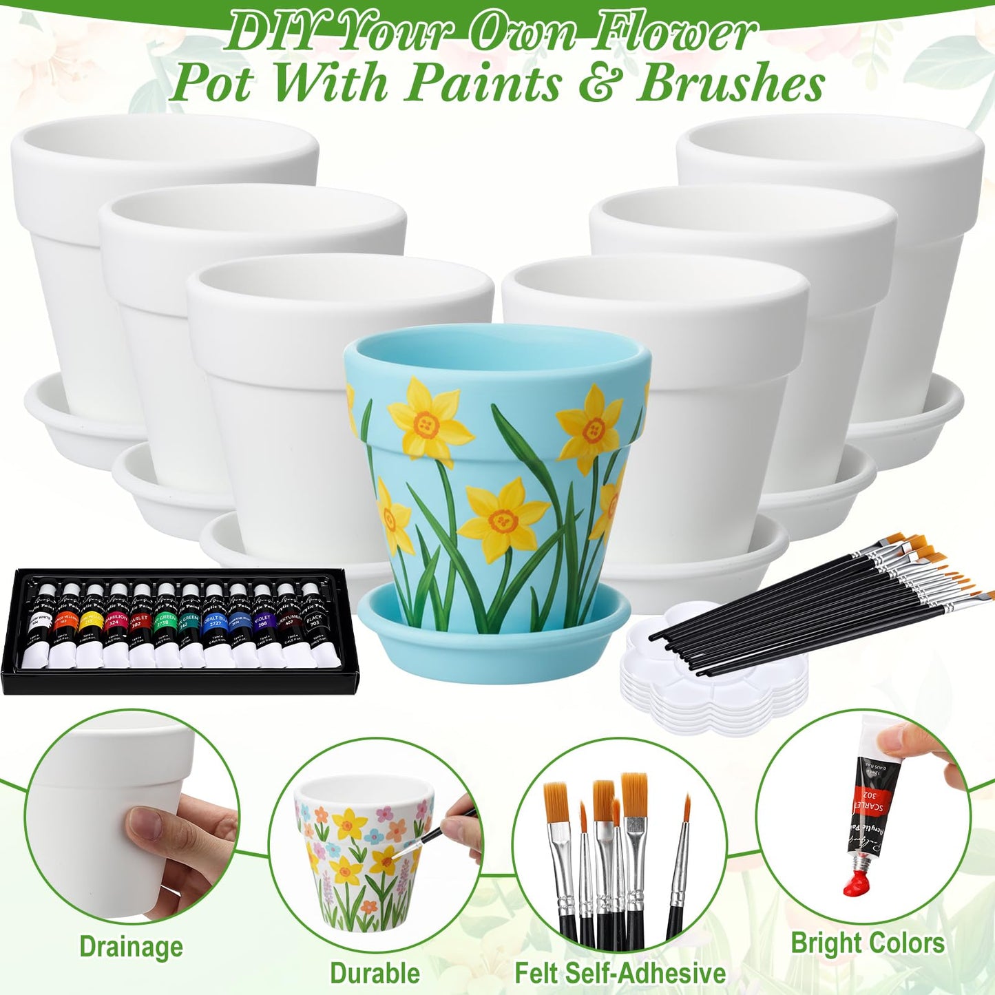 Ferrochef 6 Sets DIY Flower Pot Painting Kit 6 White Terracotta Flower Pots with Saucer Planting Gardening Tools 12 Color Acrylic Paints Set Plant Growing Crafts Spring Garden Gift