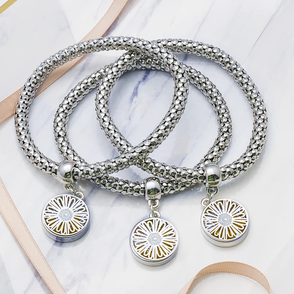 Crystal Charms Multilayer Bracelets - 3PCS Gold/Silver/Rose Gold Corn Chain Bracelet for Women, Tree of Life Heart Shaped Stretch Bracelet (Silver Daisy Charm)