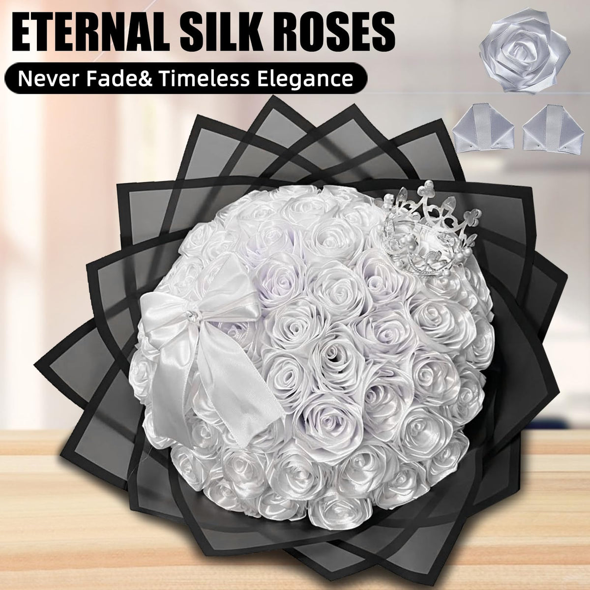 LatinaFlorista 300Pcs Premade Satin Ribbon Rose Petals Half-Finished for Eternal Rose DIY Ramos Forever Flowers Bouquets Everlasting Floral,for Wedding,Anniversary,Birthday (300 Pcs White)