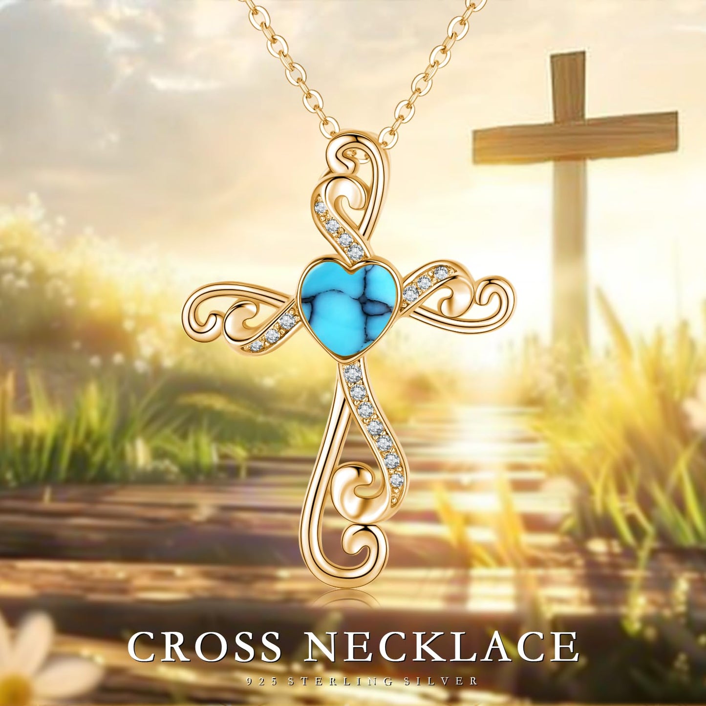 Twoowl 14K Gold Plated Cross Necklace 925 Sterling Silver Turquoise Christian Pendant Religious Catholic Jewelry Gifts for Mom Women