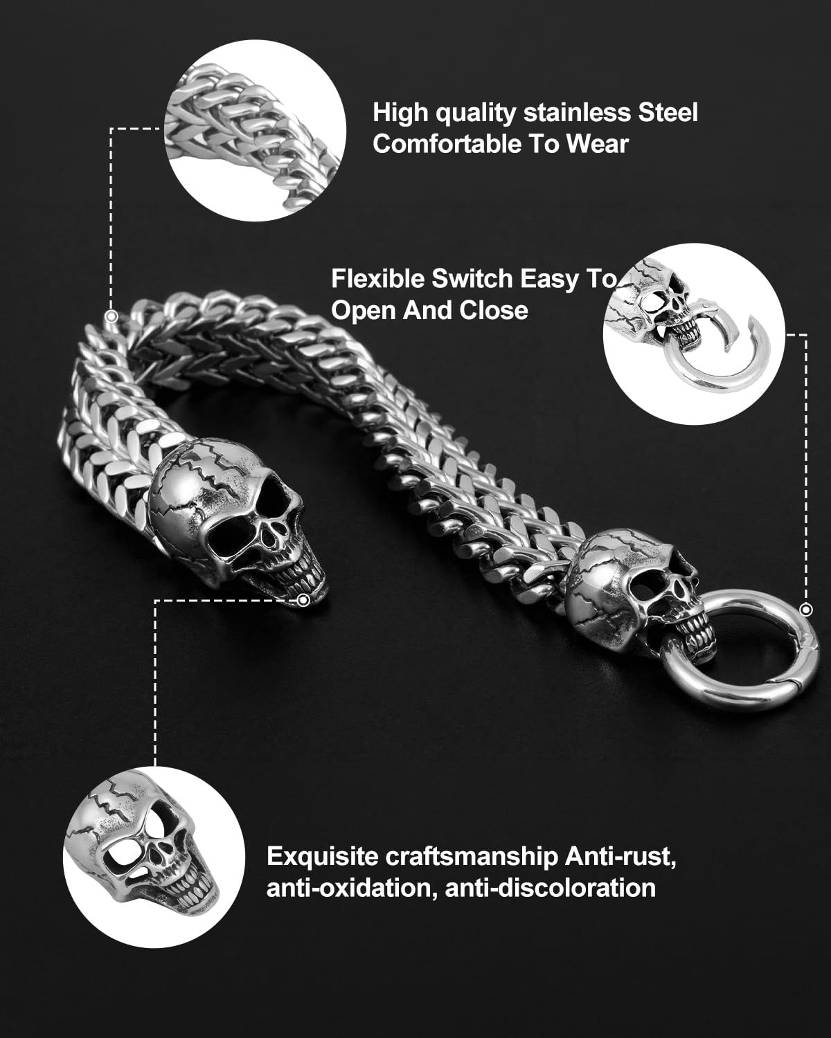 LuxGoth Stainless Steel Skull Heavy Cuban Link Chain Bracelet Gothic Punk Rock Biker Vintage Viking Skull Head Franco Link Curb Bracelet Jewelry for Men Silver GTS-B1B45001