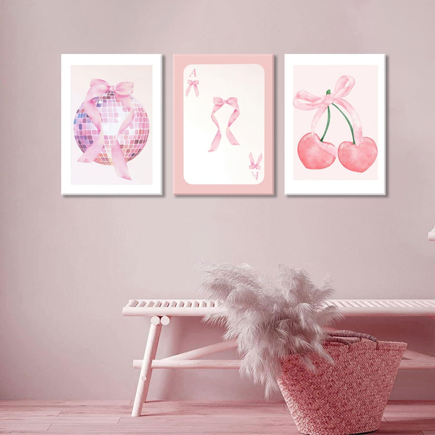 MTFBWY Pink Coquette Wall Art Canvas Prints Set of 3, Pink Bow Disco Ball & Cherry Aesthetic Room Decor, Complete Set Preppy Posters for Girls Bedroom Dorm Gift, Ready to Hang 12x16in