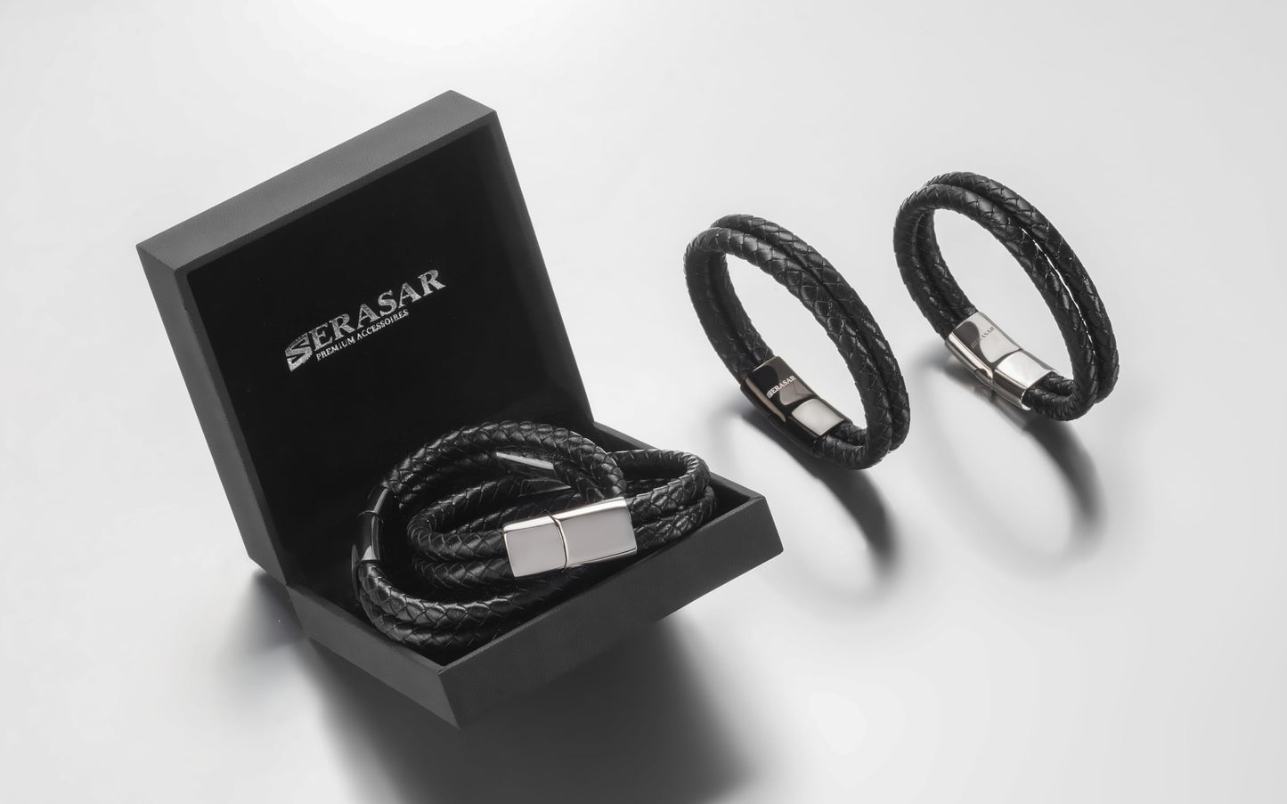 SERASAR Leather Bracelet Black 17cm Men Gift Box Genuine Cowhide Braided Adjust Able Magnetic Clasp Jewellery Arm band Mans Male Bracelets Jewelry Magnet Accessories