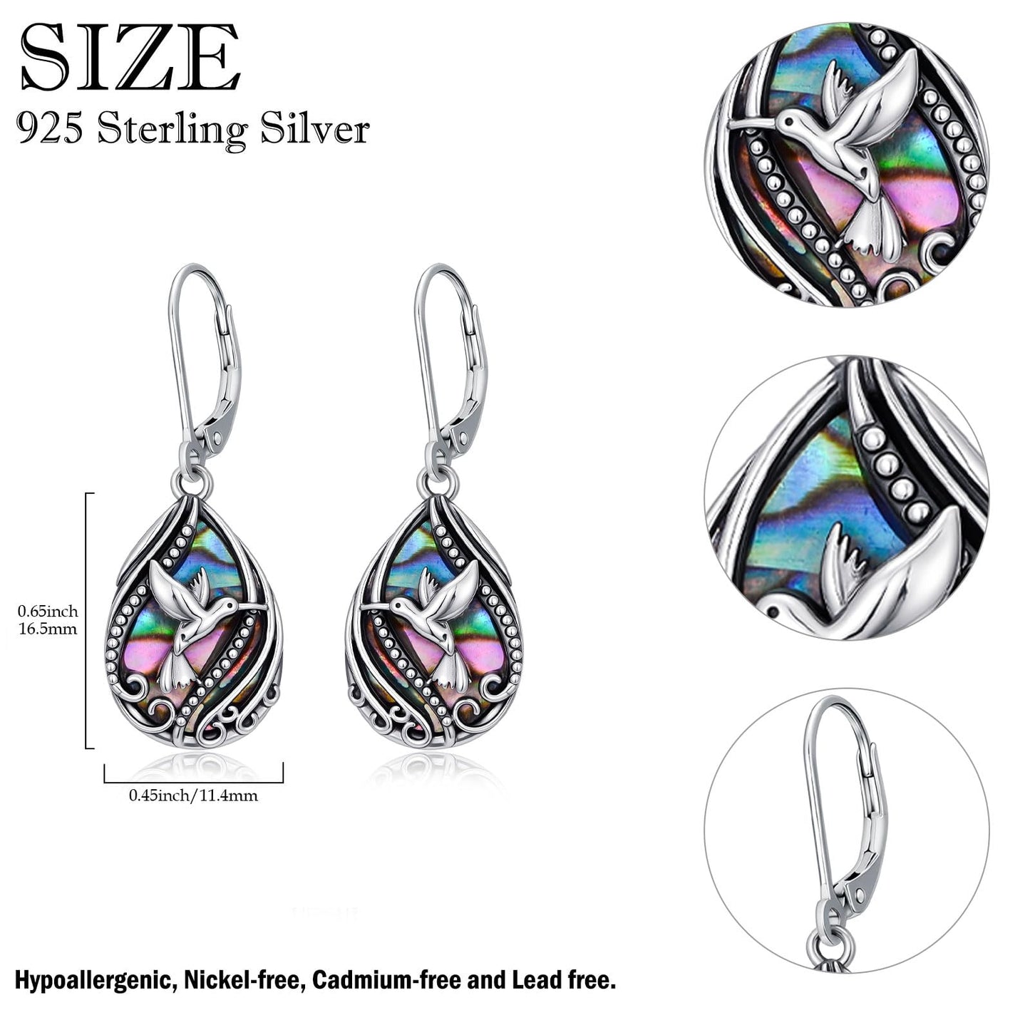 YYmqmq Abalone Hummingbird Earrings for Women 925 Sterling Sliver Humming Bird Dangle Drop Earrings Leverback Hummingbird Jewelry Gifts for Women Girlfriend Mom Birthday Gifts