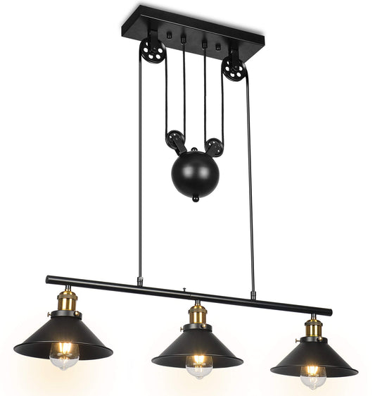 3 Light Pulley Pendant Light, Indoor Island Light Adjustable Industrial Vintage Rustic Chandelier for Game Room 7ft/8ft/9ft Tables, Vintage Kitchen Light for Man Cave, Kitchen, Dinning Room, Bar