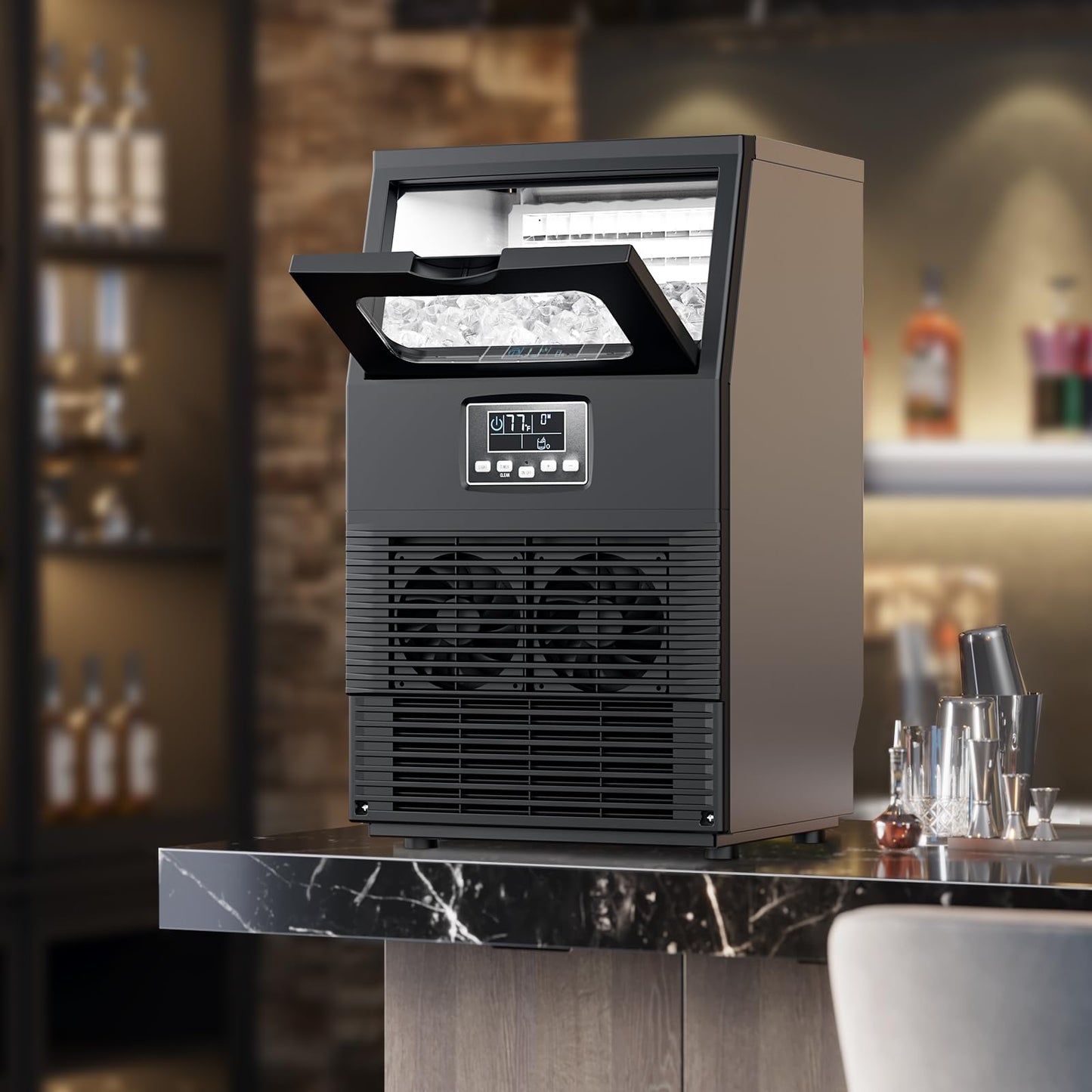 Electactic Commercial Ice Maker Machine, 66Lbs/24H with 8Lbs Storage Capacity, 32 Ice Cubes in 12-20 Mins, Self-Cleaning, Freestanding for Compact Cafe/Bar