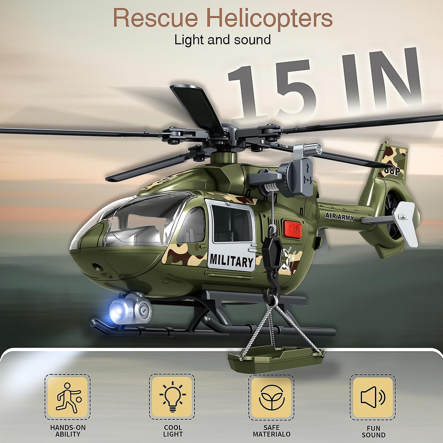 XUEXUE Large Military Helicopter Toy 15 Inch, Army Green Kids Helicopter with Crane & Hanging Tray, Toy Helicopter with Lights and Sounds, Helicopter Toys for Kids 3-5, Birthday Gift for Boys Age 3-7