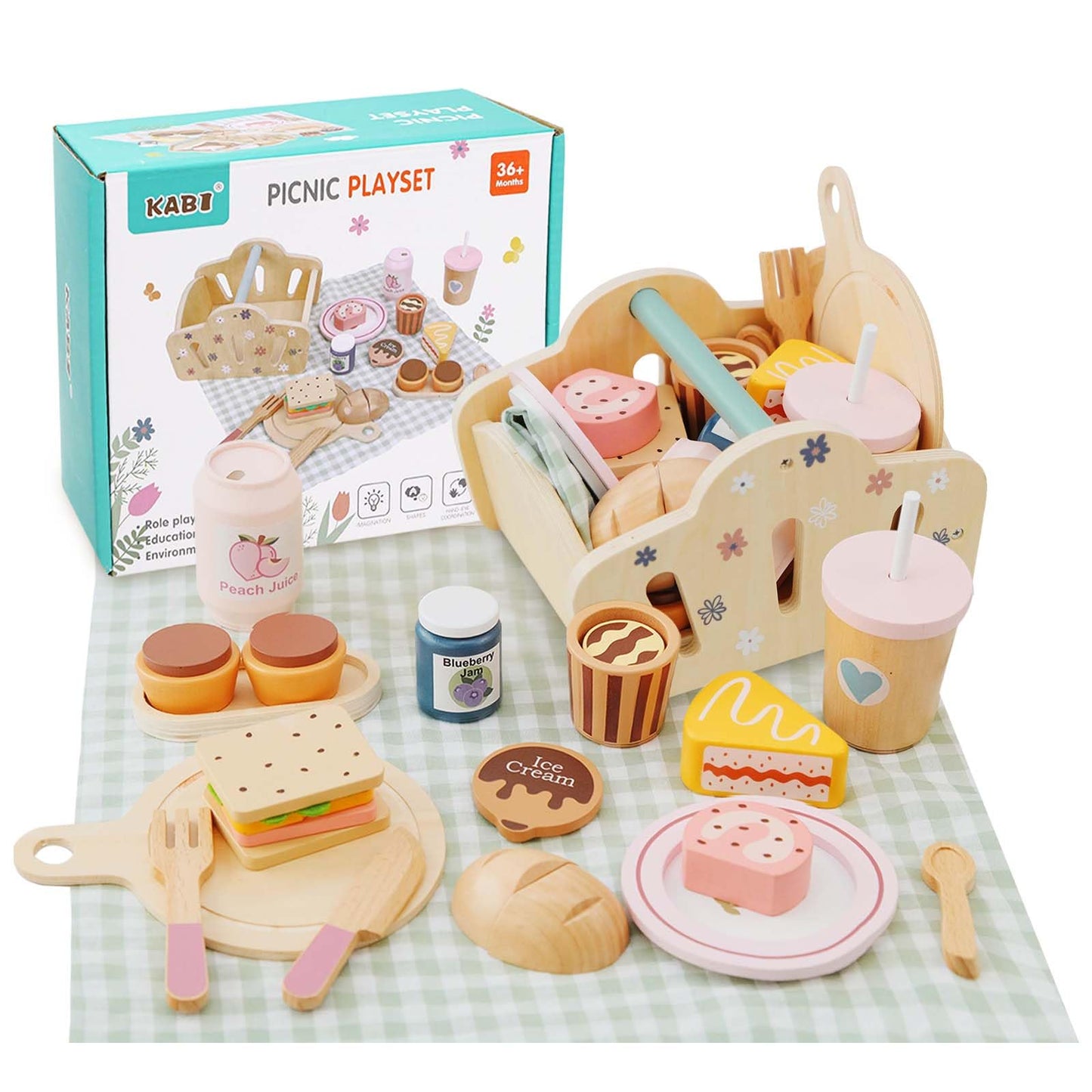 Potatomato Wooden Picnic Playset for Toddlers - 25+ Pcs Play Food Set with Cutting Desserts&Functional Basket - Montessori Pretend Play Kitchen Accessories-Birthday Gift for Girls Boys