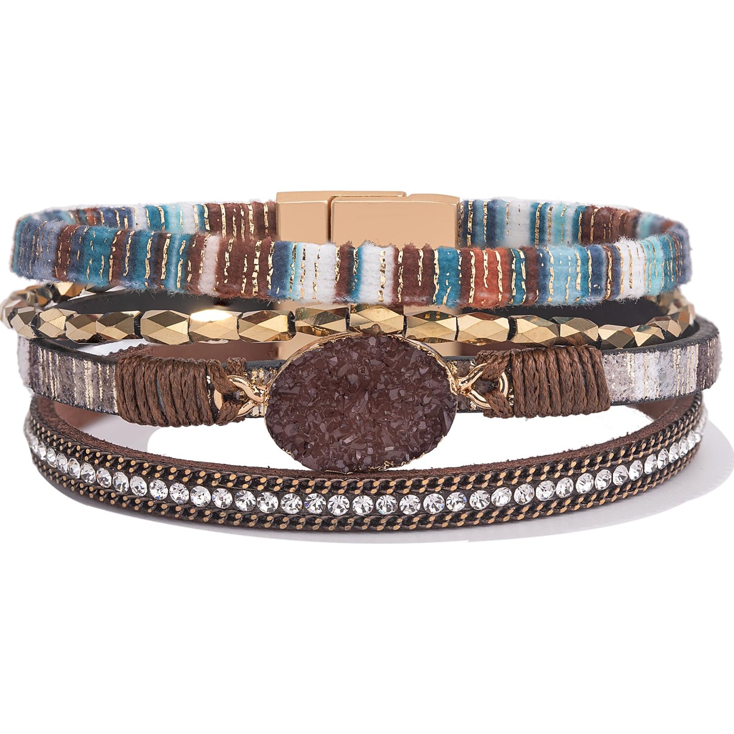 FANCY SHINY Boho Leather Wrap Bracelet Stackable Chunky Crystal Cuff Bracelets with Magnetic Clasp Cowboy Cowgirl Western Summer Beach Outfits Jewelry Gifts for Women (7.7", Boho Brown)