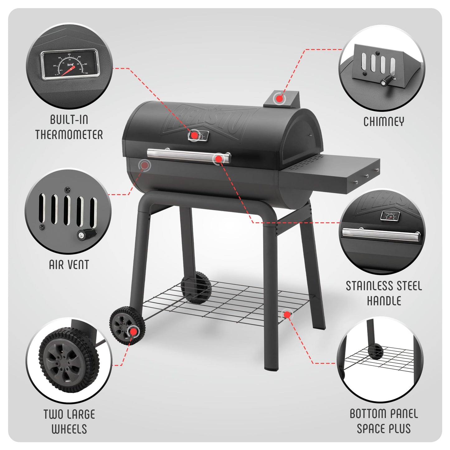 Feasto BBQ Charcoal Grill with Side Table, 30-In Heavy Duty Outdoor BBQ Grill with 647 Sq. In Cooking Area for Outdoor Barbecue in Backyard, Patio and Parties, Black