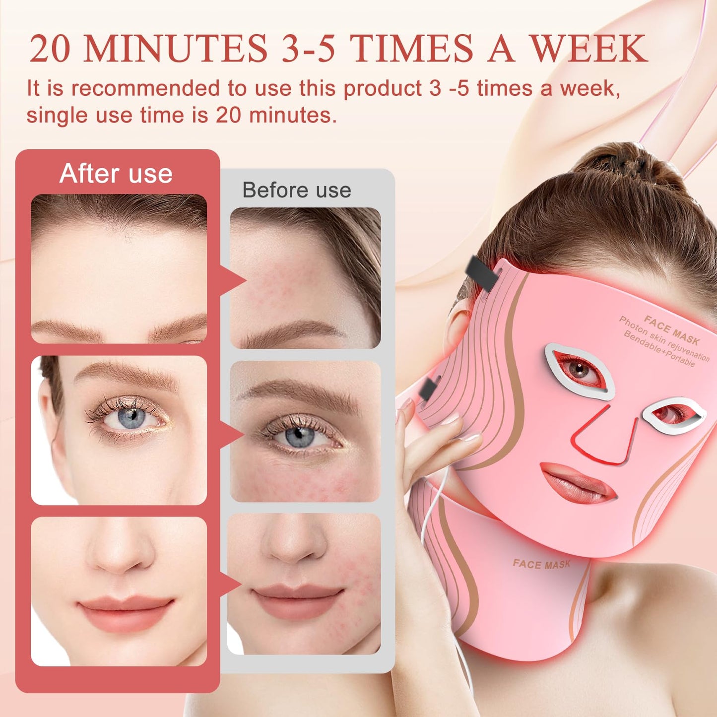 Red Light Therapy for Face & Neck, LED Red Light Therapy Mask for Anti-Aging, Wrinkle Reduction, and Skin Firming, Rechargeable LED Face Mask Light Therapy, 7 Modes, 5 Levels, Home & Travel Use