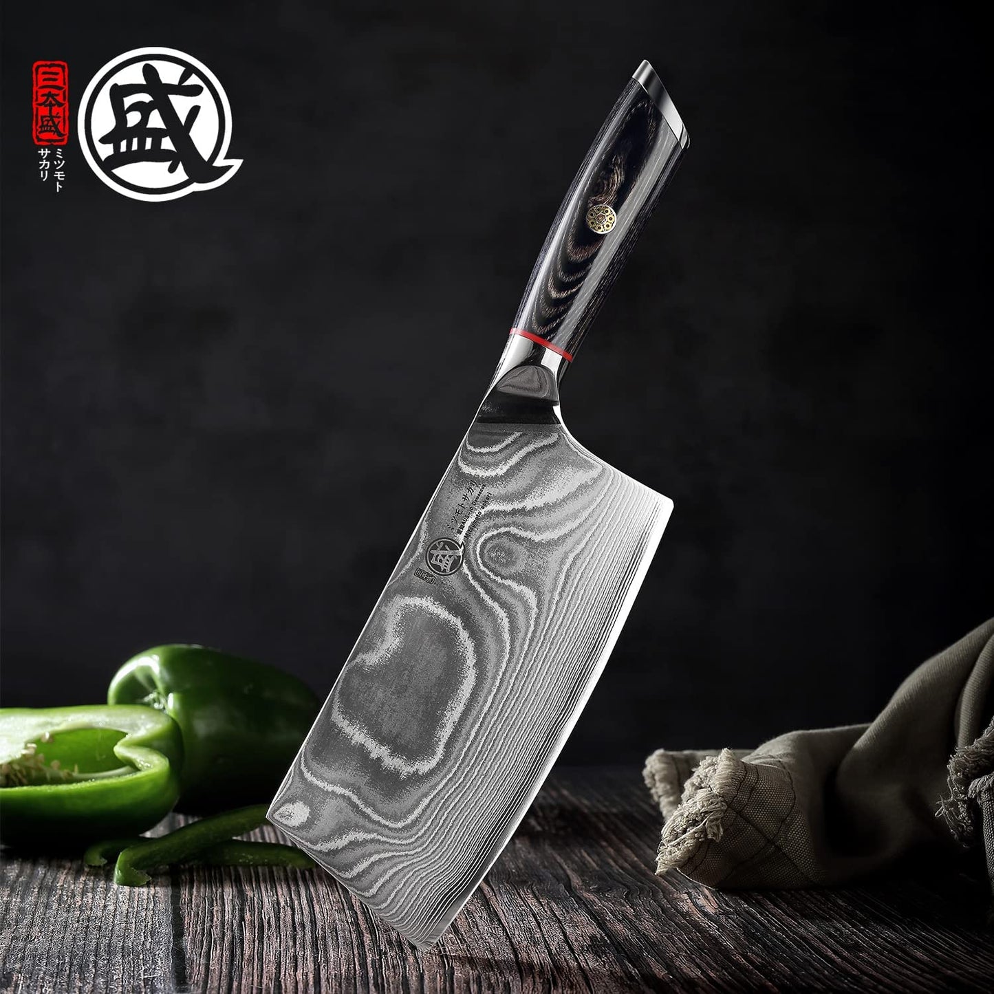 MITSUMOTO SAKARI Cleaver Chef Knife 7 inch - 67-Layer AUS-10 Damascus Steel, Hand Forged Japanese Meat Boning Knives, PakkaWood Handle & Sandalwood Box