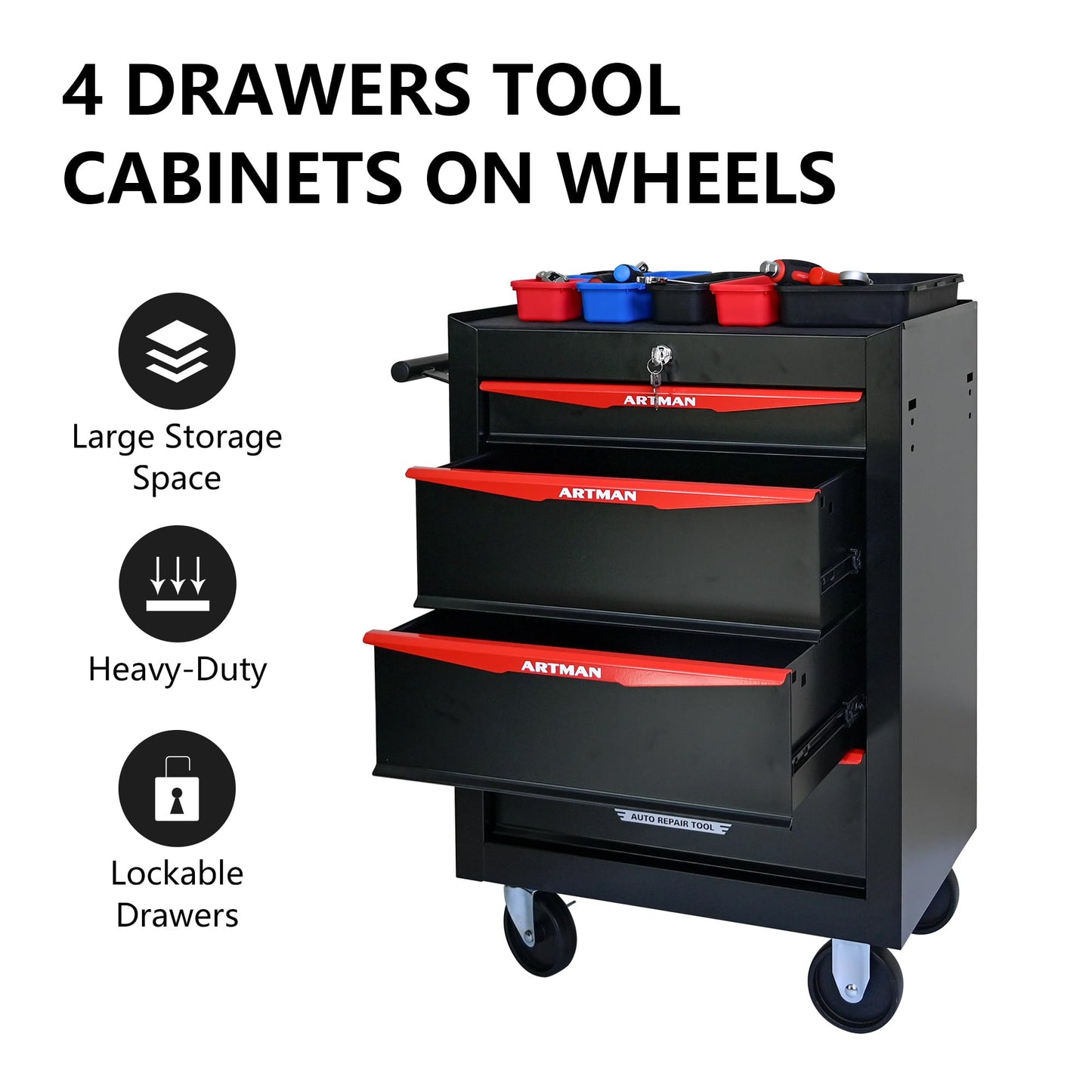 RYH 4-7 Drawers Rolling Tool Chest - 13" D x 20.9" W x 30.5" H Heavy Duty Mobile Tool Cart with Locking Wheels & Ball Bearing Drawers, Garage Tool Storage Cabinet (Black, 4 Drawers)