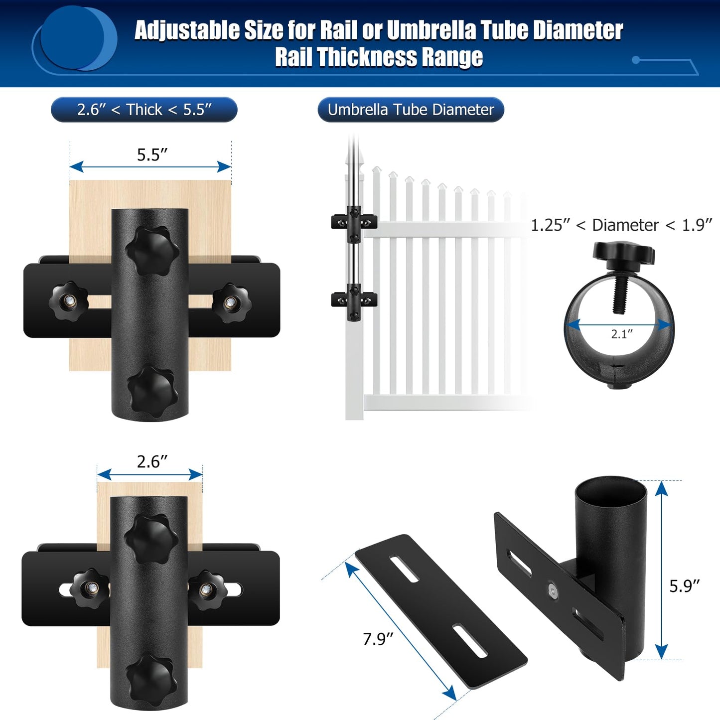 Lalafancy Umbrella Base for Deck Railing, Adjustable Deck Umbrella Mount Bracket Patio Umbrella Holder Outdoor Umbrella Stand Clamp Clip on Fences, Courtyard, Balcony, Porch