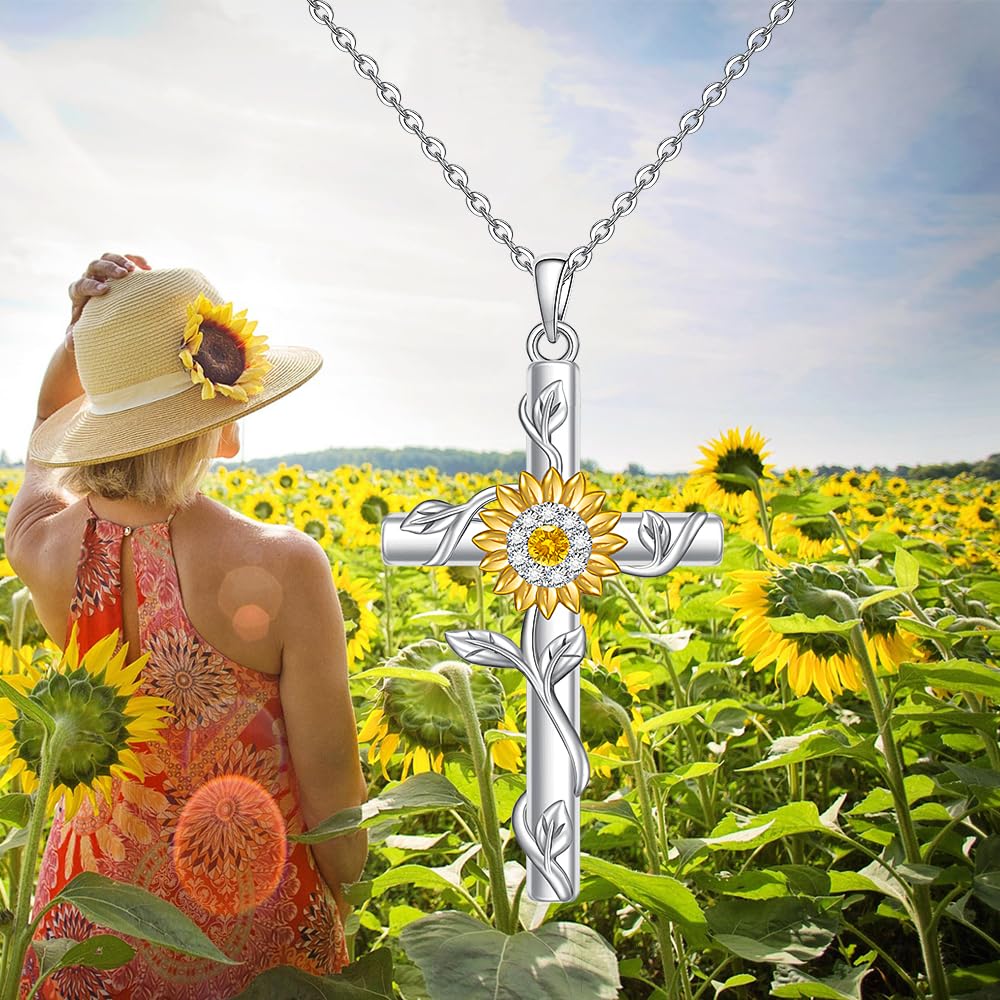 Fenthring 18k Gold Plated Sunflower Necklaces for Women, Sunflower Cross Necklace 925 Sterling Silver Sunshine Pendant Mom Jewelry Christmas Gifts for Women