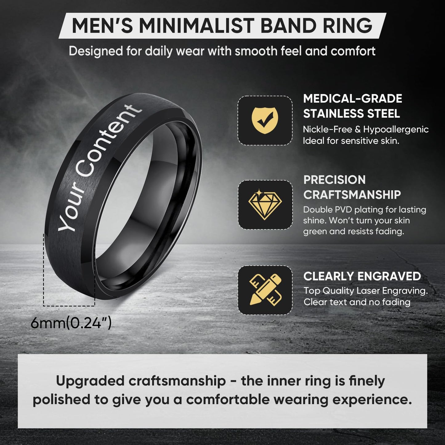 VNOX Customize Jewelry-6MM Black Stainless Steel Beveled Edge Matte Brushed Finish Rings for Men Women,Size 12