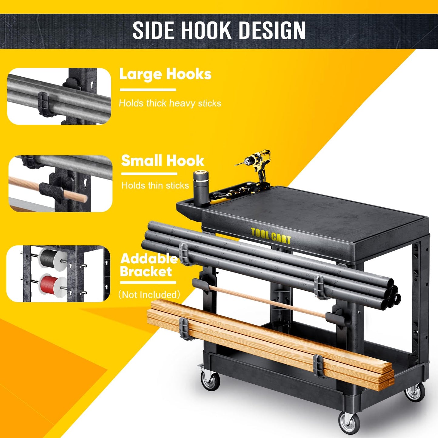 850LBS Large Heavy Duty Plastic Utility Cart, 42.5×25" Flat Top Service Cart With Full Swivel Wheels (2 With Brakes) & 2 Side Tube Holder Hook,2 Tier Work Cart For Office/Garden/Warehouse/Garage Black