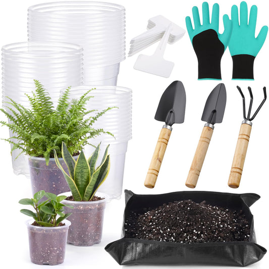Yiyiring 83 Pcs Garden Supplies Tools Kit, 5/6/7 Inch Clear Plastic Plant Pots with Transplanting Mat, Trowel Cultivator Rake Set, Label & Glove, Succulent Tools Gift for Plant Lovers Accessory