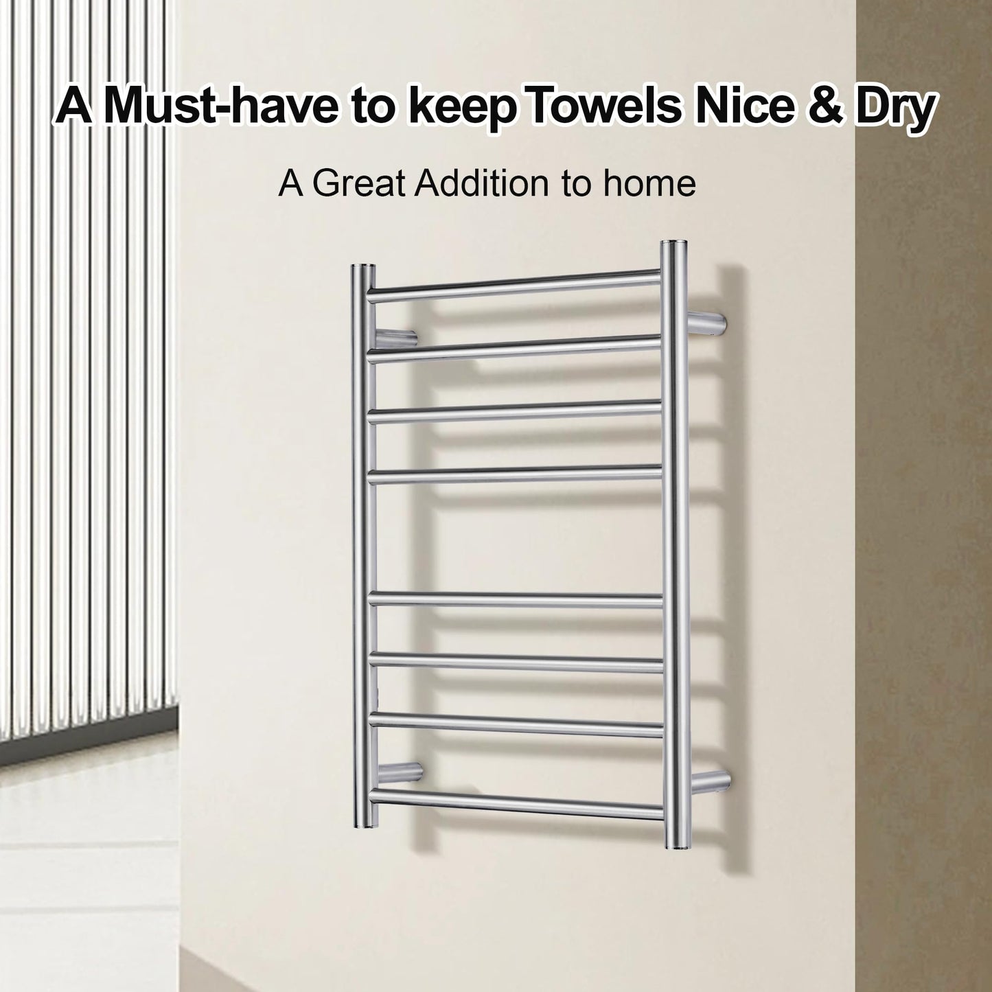 SHARNDY Towel Warmer Polished Chrome for Bathroom Wall Mounted Drying Rack Plug-in Electric Heated Towel Rack Stainless Steel Round 8 Bars Bath Towel Heater 27.56x19.69x4.41 inches