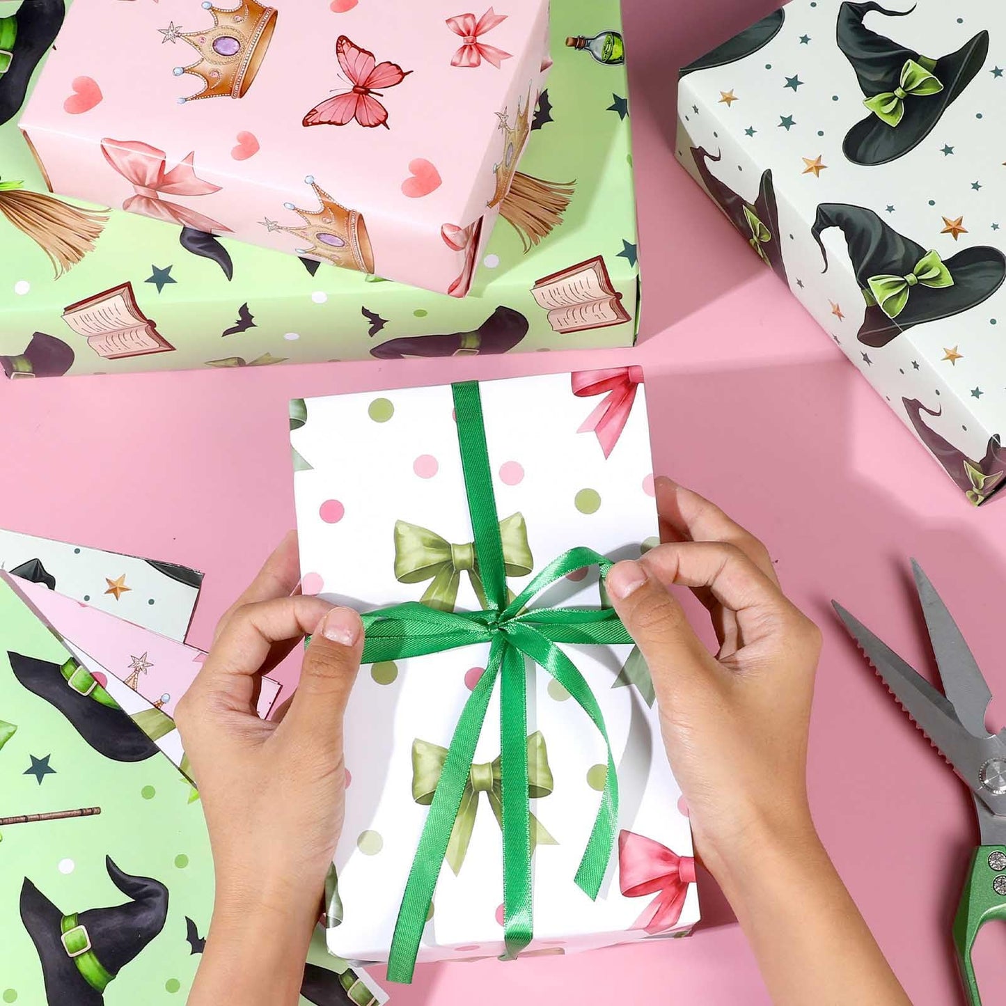 Pineraap 12 Sheets Witch Wrapping Paper, Pink and Green Gift Wrap - Watercolor Bow Crown Witch Hat Broom Print Gift Packing Paper for Girls Women Birthday Princess Themed Party, 19.7 x 27.6 Inch