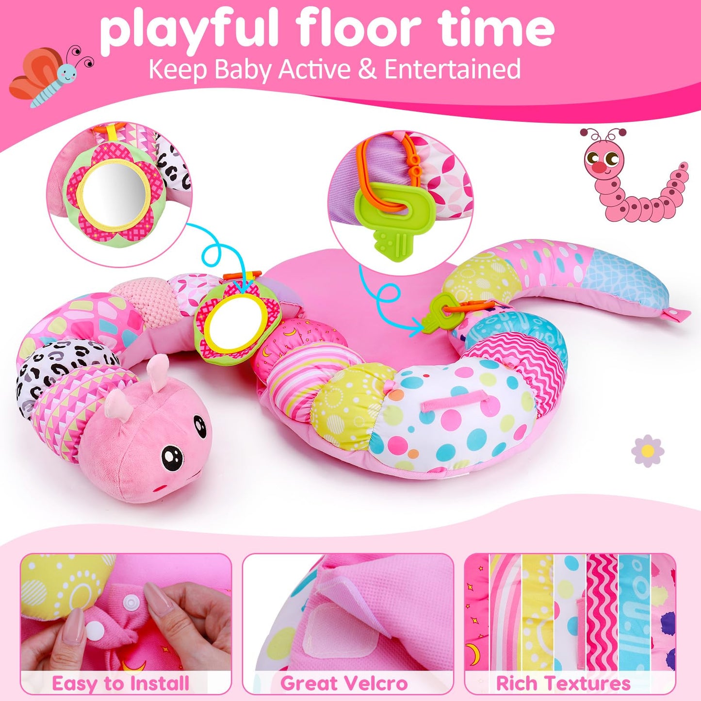 2 in 1 Baby Tummy Time Mat & Support Seated Pillow Infant Newborn Toys 0 1 2 3 4 5 6 Months Pink Caterpillar Sensory Developmental Playmat 0-6 3-6 12 Month Mirror Babies Girls Shower Easter Gifts