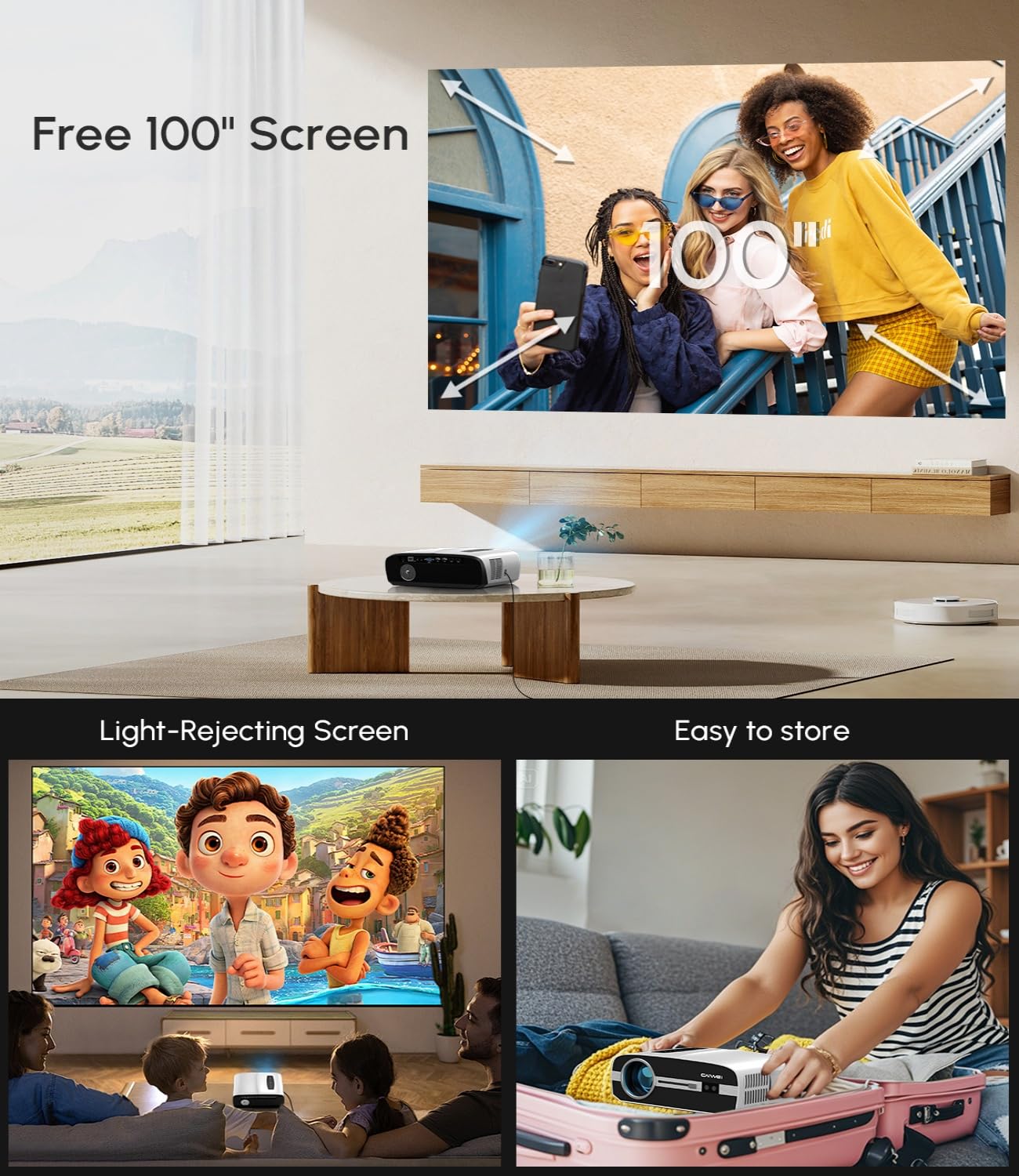 4K Office Smart Projector and Screen Combo – HDR10+ Outdoor Projector AI-AutoFocus, 2000 ANSI Daytime, WiFi6 Bluetooth, 38W DSP Speaker, Android 11, NFC HDMI USB for Dormitory Gaming Art Tracing