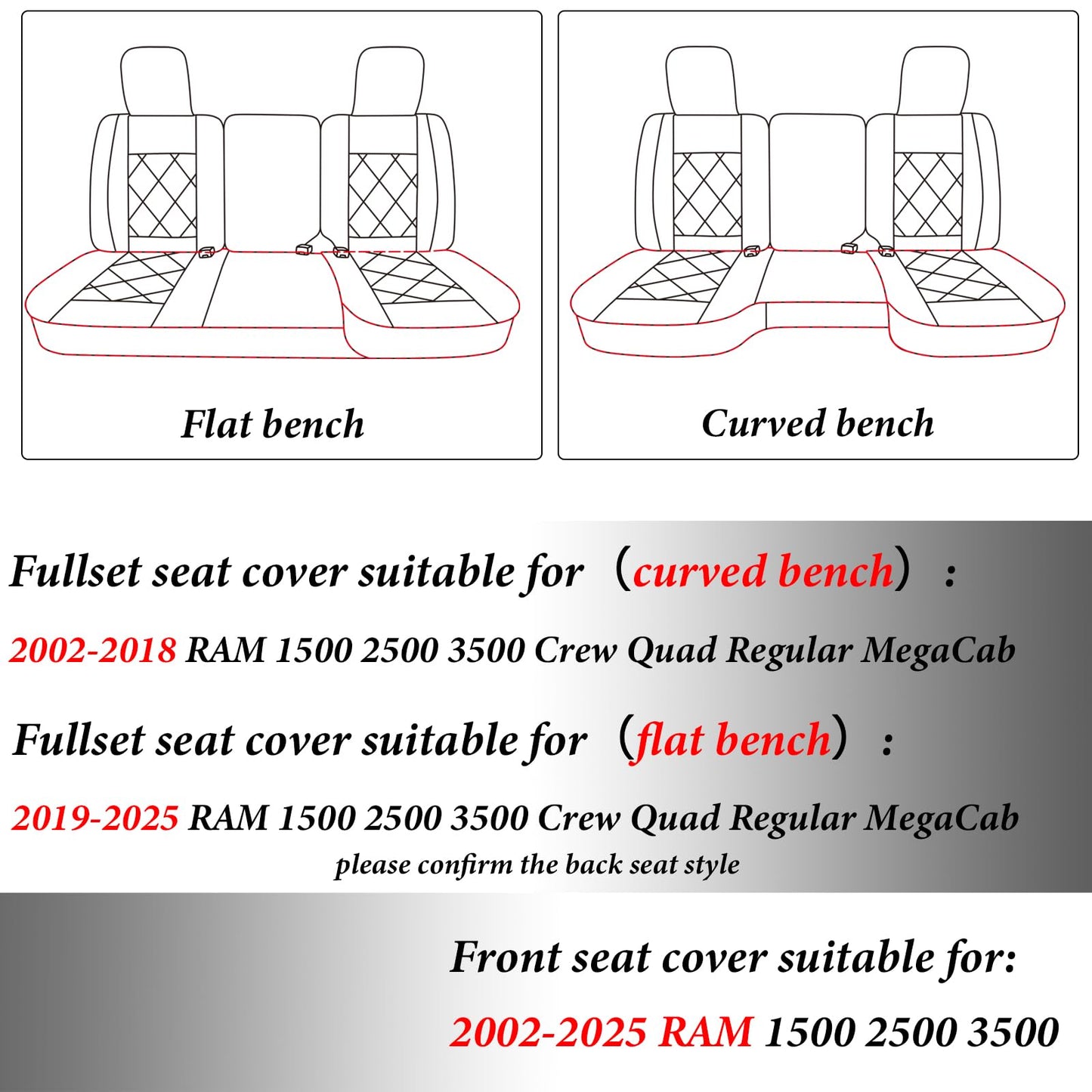 Coverado RAM Seat Cover Full Set, Leather Seat Covers Fit for Dodge RAM 1500, Truck Seat Covers Custom Fit for 2002-2025 Dodge RAM 1500 2500 3500 Crew Quad Cab with Curved Bench, Blue