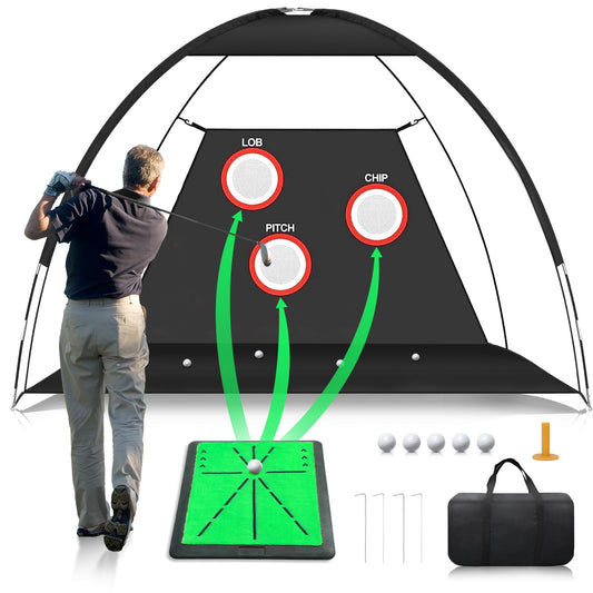 Golf Net, 10x7FT Golf Practice Net with Swing Mat, Golf Hitting Net for Backyard Driving, Indoor/Outdoor Training Chipping Aid Nets with Targets, Gifts for Men/Dad/Him