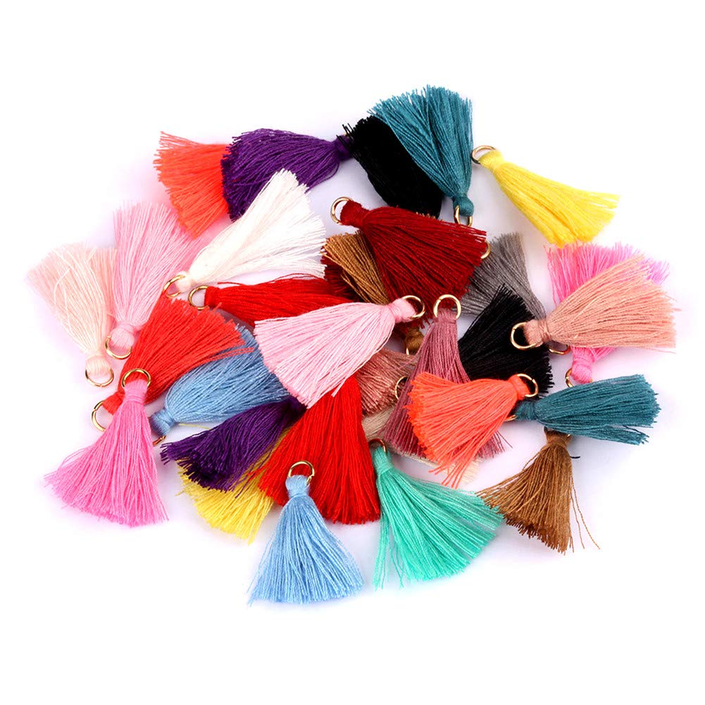 MSCFTFB 100 Pieces Mini Tassels with Jump Rings Mala Tassel Kit for Earring Necklace Jewelry Making Garland Keychain Charms Crafts Decorations (Pink)