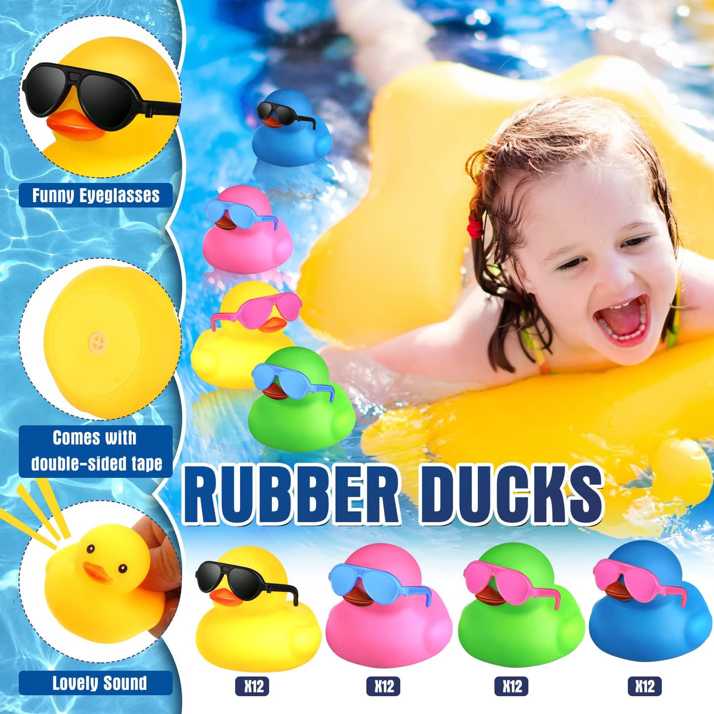 Chivao 48 Pcs Mini Rubber Ducks with Sunglasses in Bulk Small Duck Gift Bathtub Toys for Holiday Cruise Birthday Party Favor(Multicolor)