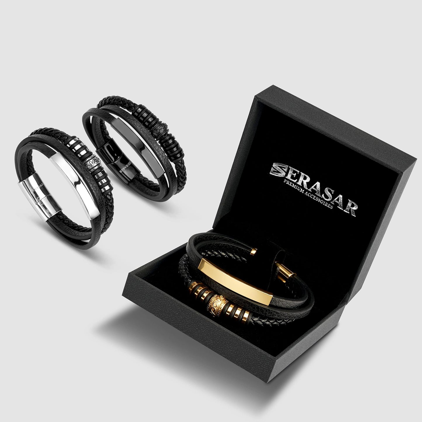 SERASAR Pulseras para Hombres 17cm Black Leather Bracelets for Men Brown Cowhide Gift Box Braided Bracelet Stainless Steel Jewelry Wrist Band Cuff Wrap Rope Bangle Dad Man Cuero Regalo