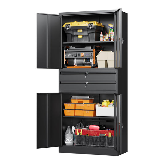 Letaya Metal Garage Storage Cabinet,71" Heavy Duty Steel Tool Cabinet with 4 Door Lock-Adjustable Shelves and 2 Drawer for Garage Home Office Utility Room (Black)
