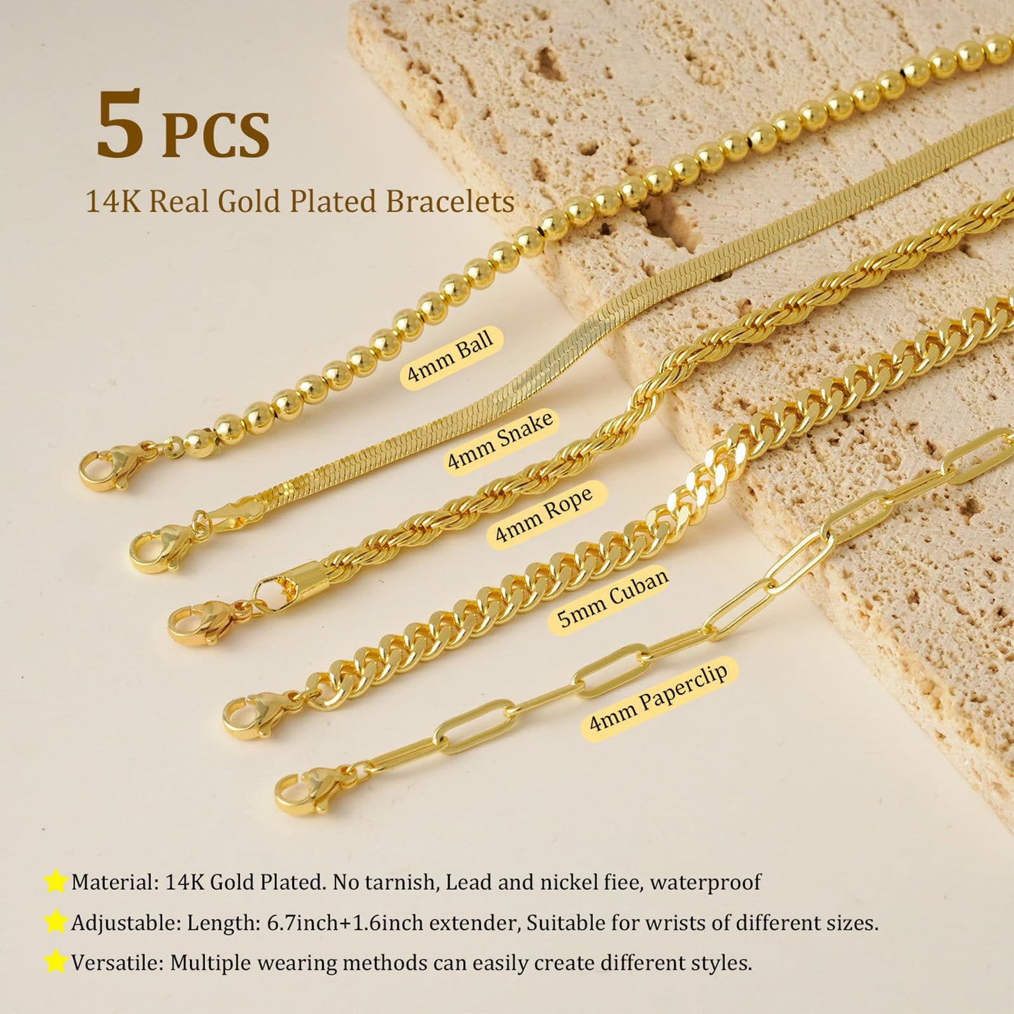 Gold Bracelets for Women, Dainty 14K Gold Plated Bracelet Stack for Women Trendy CZ Tennis Paperclip Cuban Chain Stackable Adjustable Waterproof Link Bracelet Jewelry Set Fashion Accessories Gifts