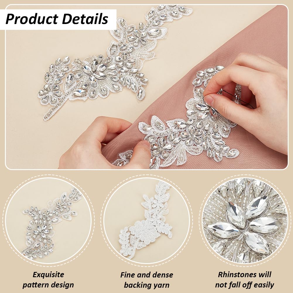 FINGERINSPIRE 2 PCS Handmade Beaded Crystal Patches Sparkly Sewing Floral Rhinestone Lace Applique Patch Clear Glass Rhinestones Embroidery Lace Patches for Wedding Dress Decoration Clothes Accessory