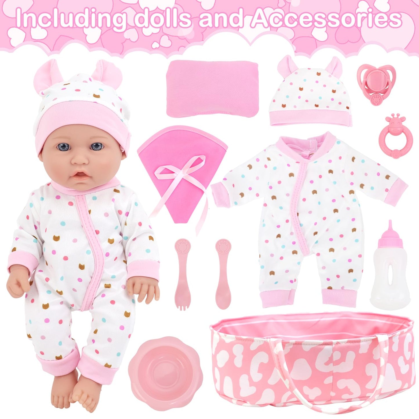 ZITA ELEMENT 12 Inch Baby Doll with Accessories for Baby Doll Reborn Includes Carrier Bassinet Bed, Pacifier, Blanket, Pillow, Feeding Set, New Born Doll Playset for Toddlers 3 Ages and Up