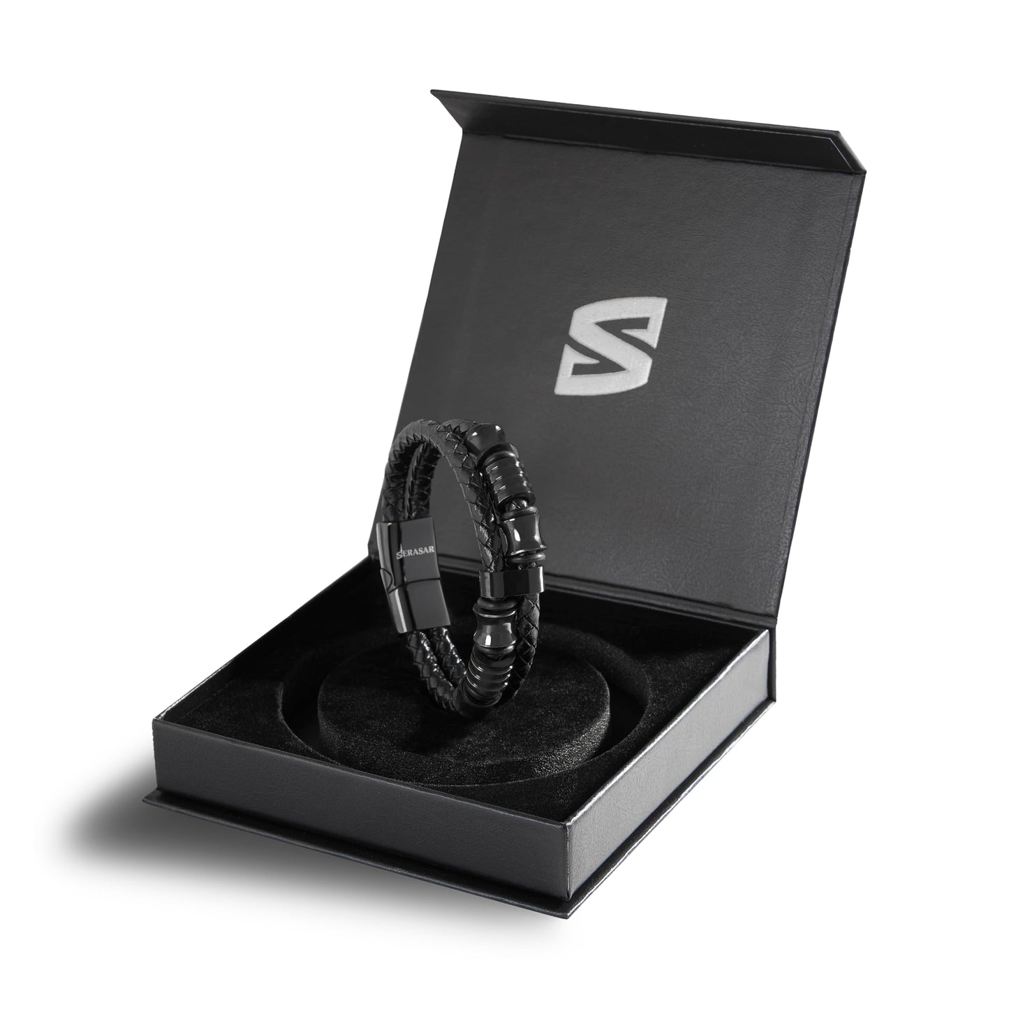 SERASAR Pulseras para Hombres 17cm Black Leather Bracelets for Men Brown Cowhide Gift Box Braided Bracelet Stainless Steel Jewelry Wrist Band Cuff Wrap Rope Bangle Dad Man Cuero Regalo