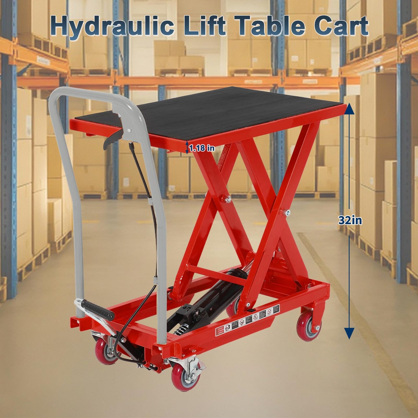 Hydraulic Lift Table Cart, 1100 LB Capacity, 32 in Lifting Height, Manual Single Scissor Lift Cart with Non Slip Platform & Wheels, Heavy Duty Lifting Table for Warehouse Shop, Red