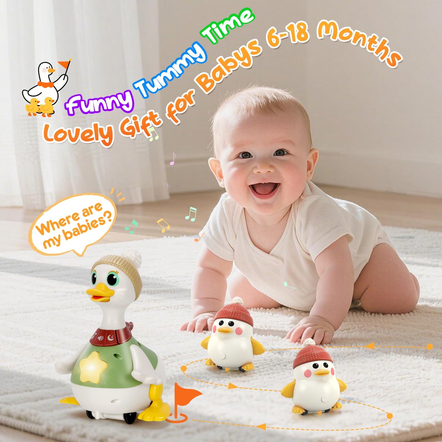KETIEE Tummy Time Baby Toys 6-12 Months: Musical Dancing Duck Family for Babies, Little Ducks Crawling Toy Set, Interactive Duck Infant Toys for 1-2rd Boys Girls Birthday