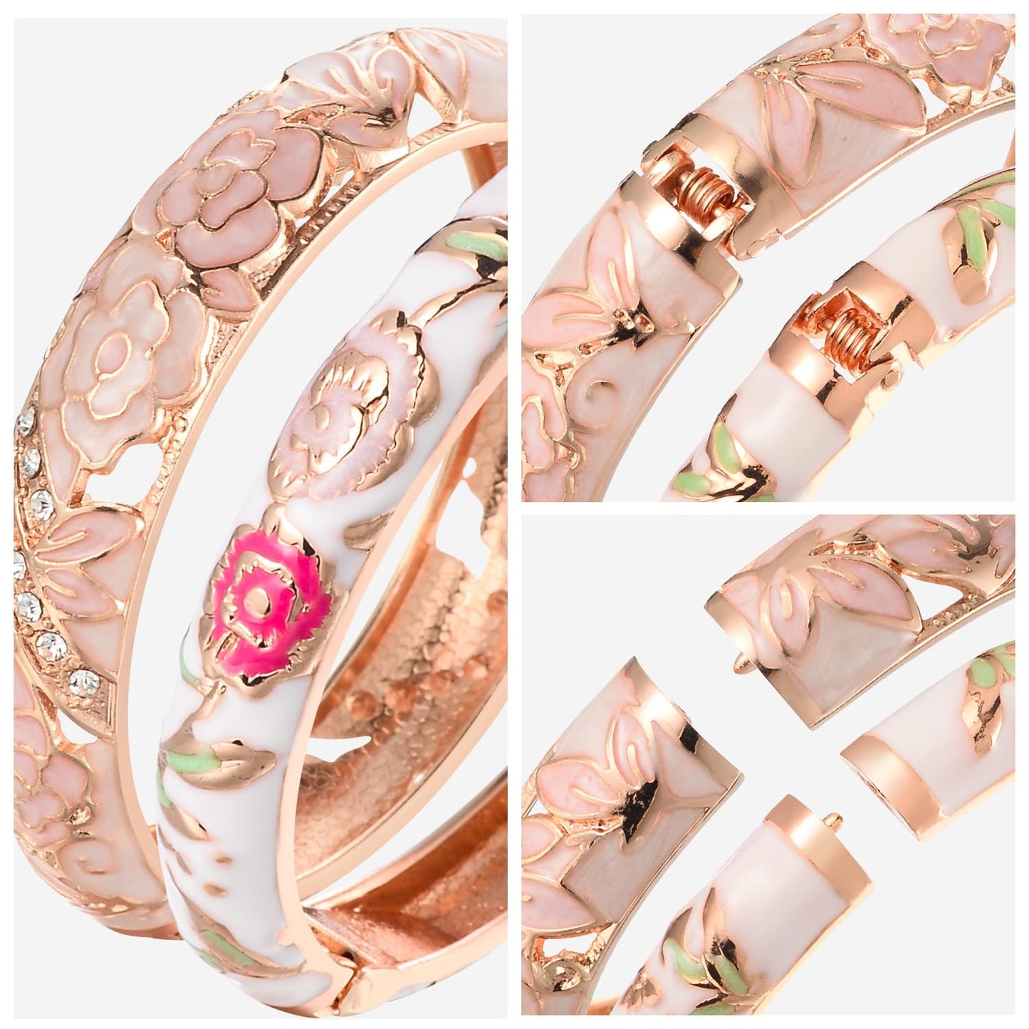 wynameleri Vintage Jewelry Cloisonne Handcrafted Enameled Gorgeous Rhinestone Flower Hinged Cuff Bracelet Bangles Gifts 88C06-55A106 Pink White