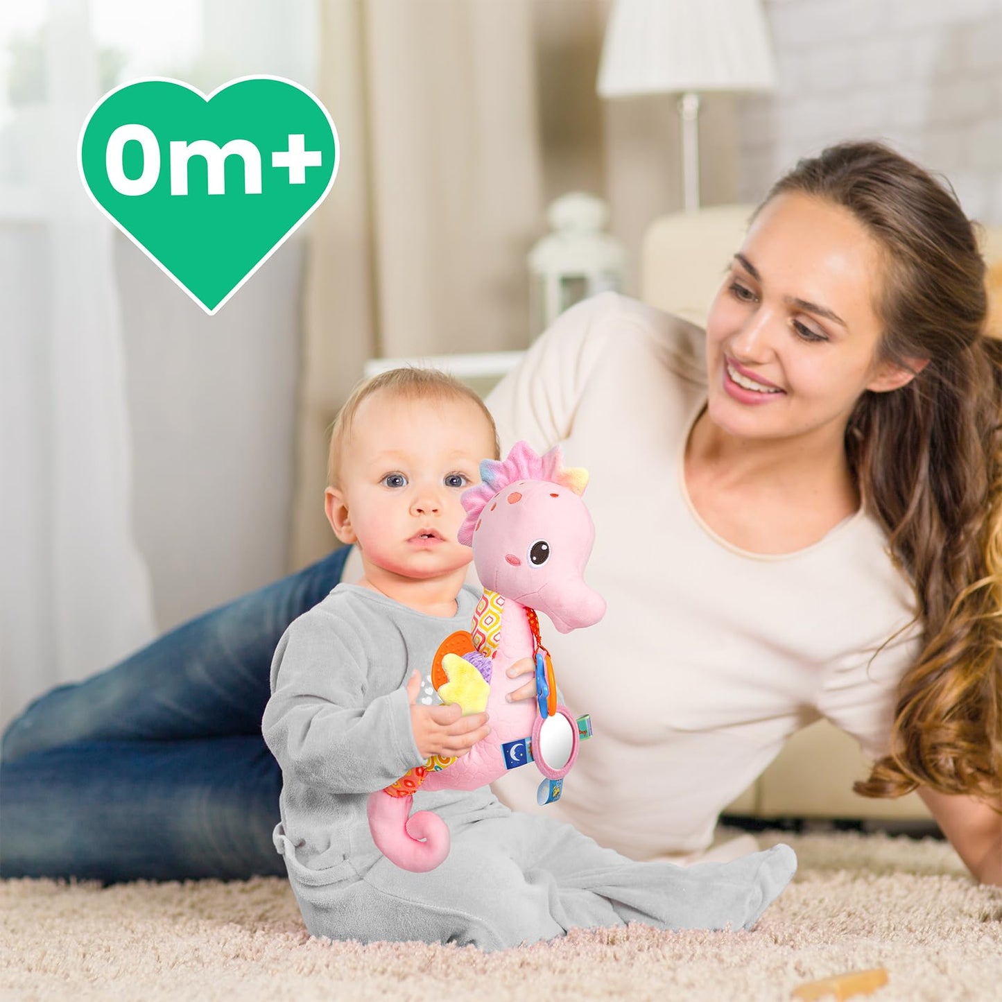 Sumobaby Infant Baby Musical Stuffed Animal Activity Soft Toys with Multi-Sensory Crinkle, Rattle and Textures, for Tummy Time Newborn 0-3-6-12 Months Girls,Seahorses - Pink with Baby Mirror