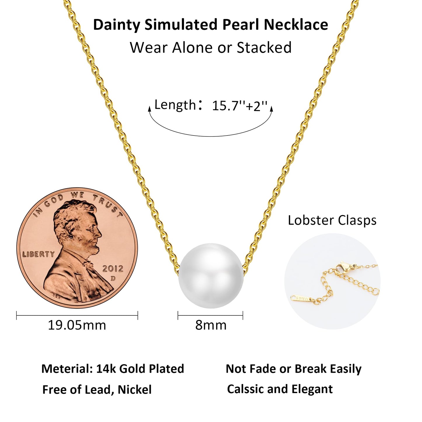 Trinckle Single Pearl Necklace, 8MM Pearl Pendant Necklaces for Women 14K Gold Dainty Strands Necklace Simple Floating Pearl Charm Gifts for Women as Girlfriend Brides Prom Gifts