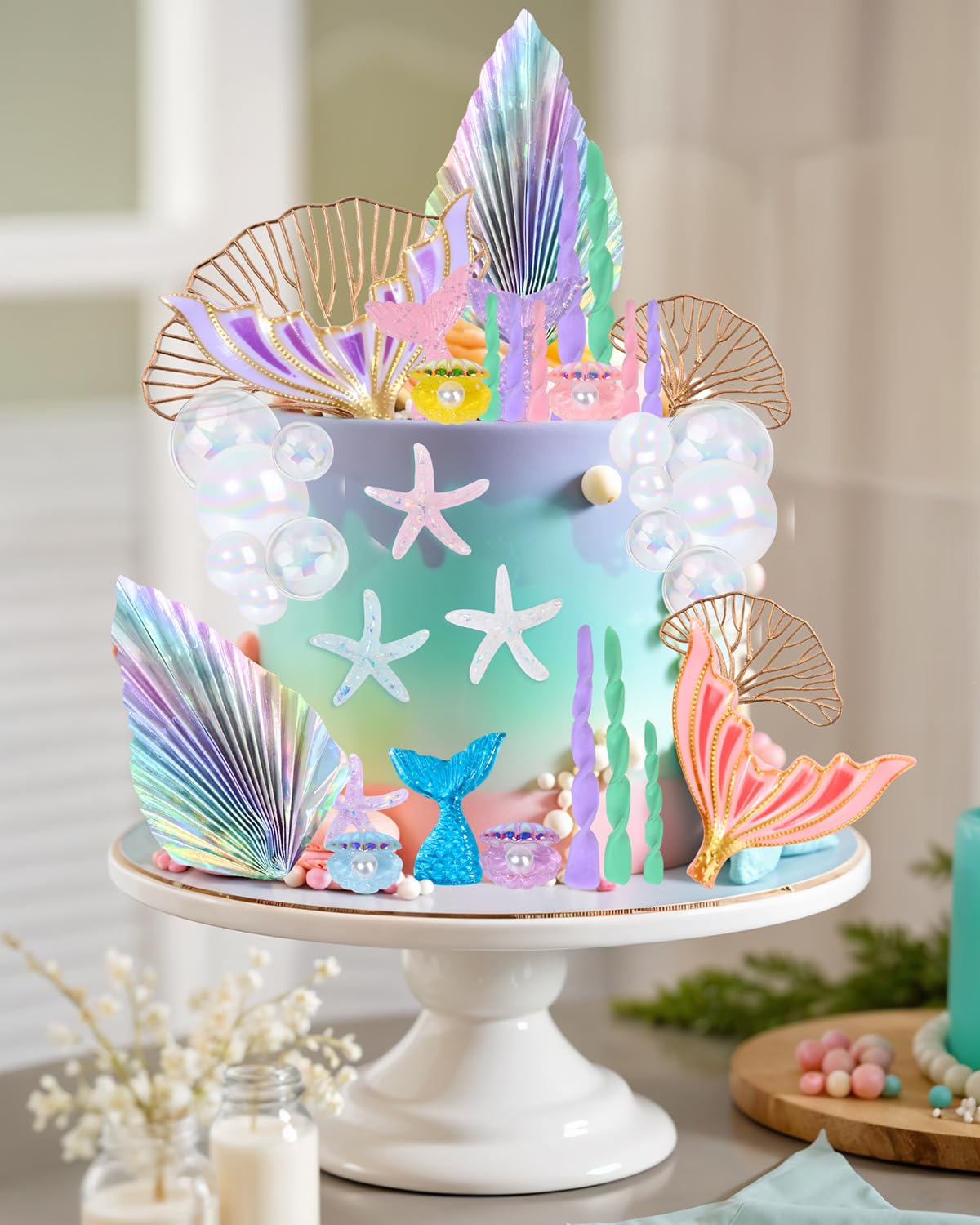 Glavatrix Mermaid Cake Toppers, 40-Piece Under the Sea Cake Decor Set, Seaweed, Bubbles, Tails, Starfish, Shells, Origami, Golden Ginkgo Leaves, for Birthday Mermaid Theme Party Supplies