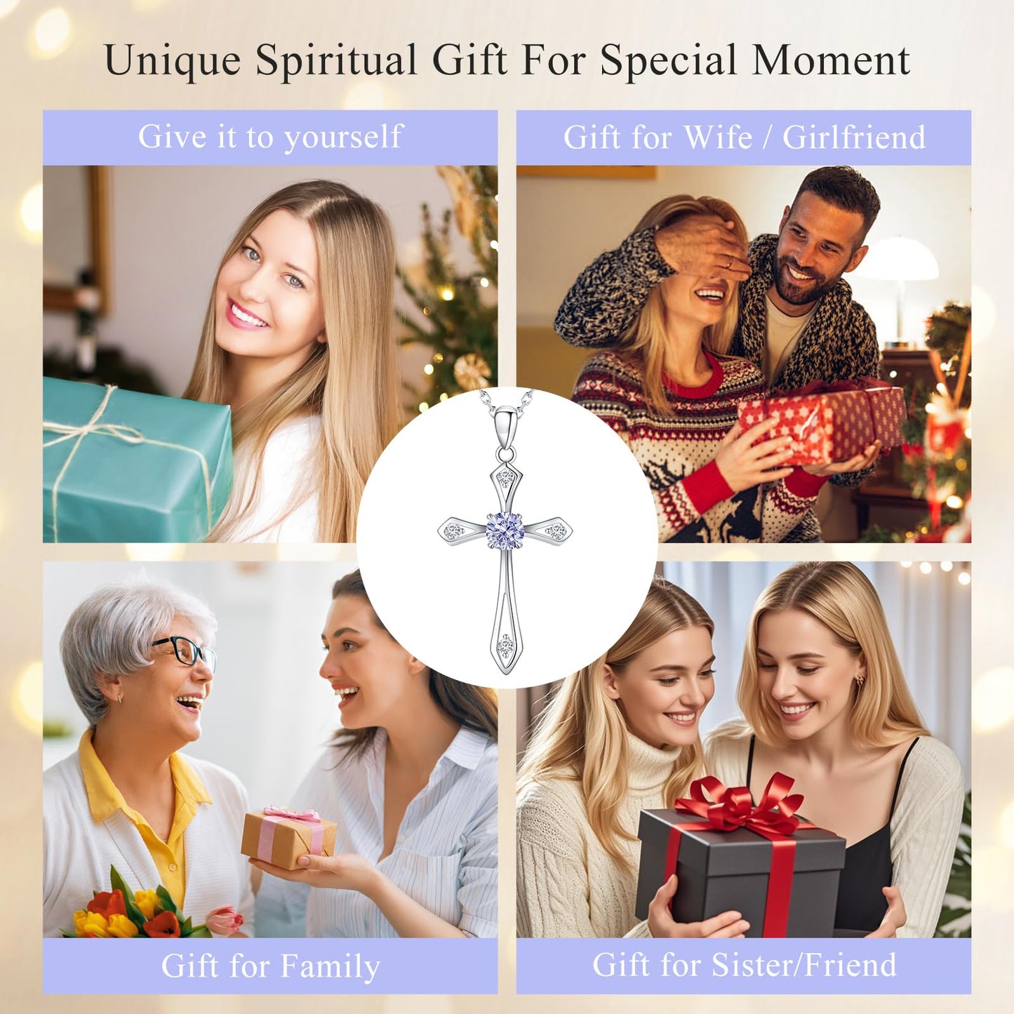 QUALISE Cross Necklace for Women,925 Sterling Silver June Birthstone Necklace Cross Pendant 5A CZ 12 Birth Months Birthstone Fine Jewelry Birthday Gifts for Her Wife Mom
