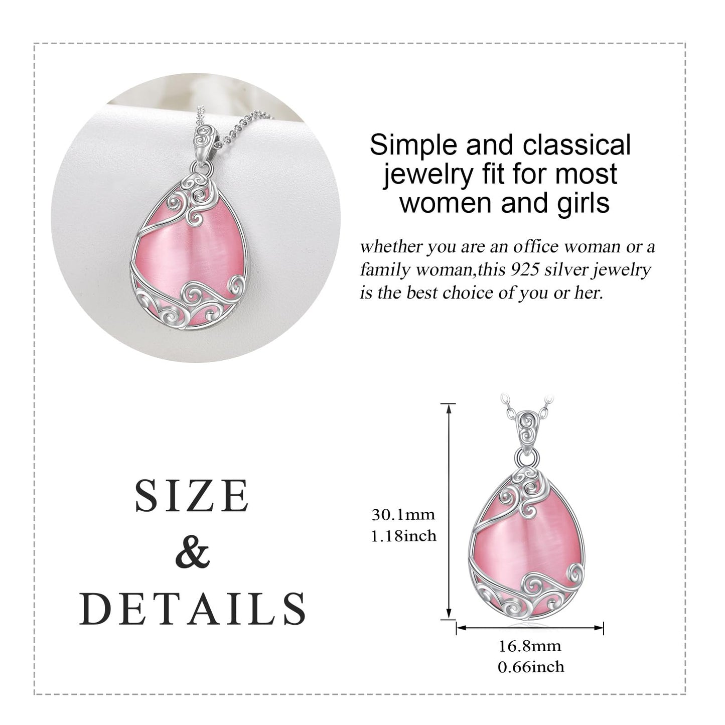 YAFEINI Teardrop Necklace 925 Sterling Silver Pink Natural Stone Necklace Filigree Pendant Necklace Jewelry for Women(T-Pink Opal teardrop necklace)