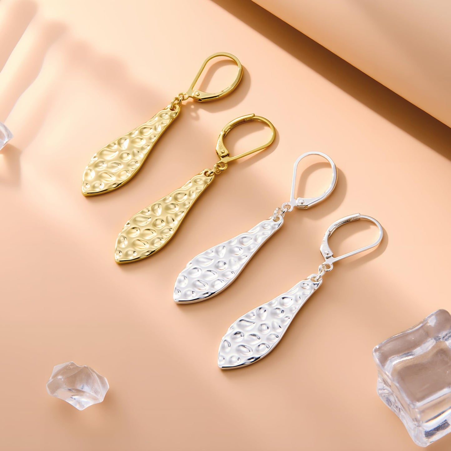 Gold Teardrop Dangle Earrings for Women Trendy Lightweight Hypoallergenic 925 Sterling Silver 14K Goldplated Hammered Dangling Drop Earring Gold Long Teardrop Leverback Earrings for Women Jewelry