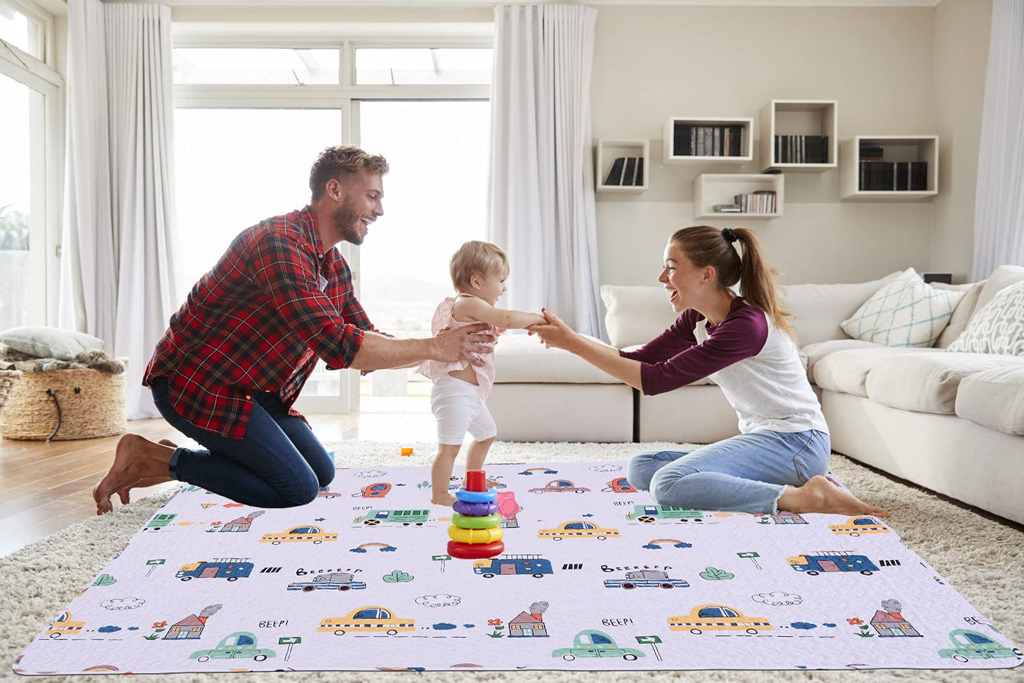 MIIMER Washable Baby Play Mat for Babies 63x43” Portable, Foldable Toddler Playpen Non-Slip Baby Tummy Time Mat, Soft Floor Play for Infants Extra Large Crawling Mats Car