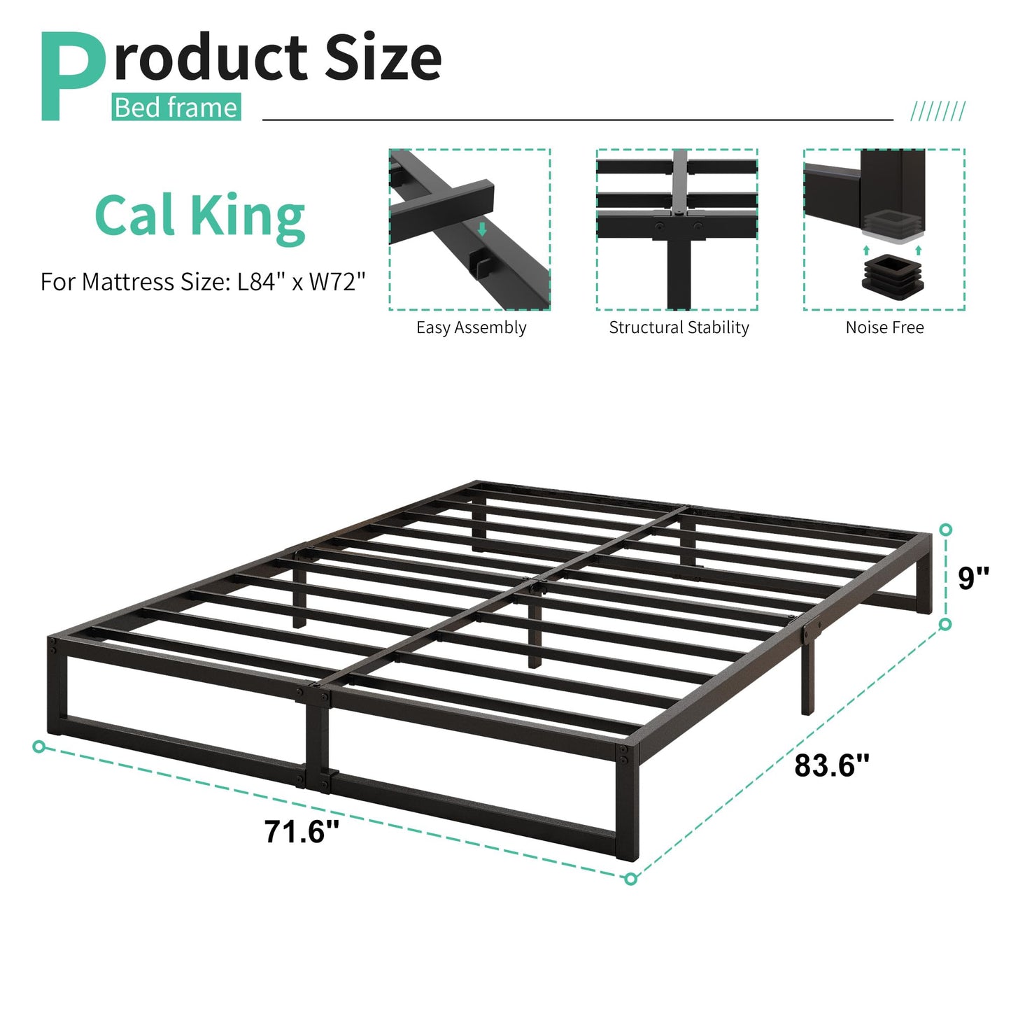 Lutown-Teen 9 Inch California King Bed Frames No Box Spring Needed Heavy Duty Metal Cal King Platform for Mattress Foundation, Noise Free, Easy Assembly, Black