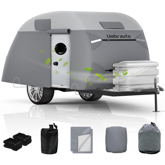 Umbrauto Teardrop Travel Trailer Cover Fits 10'-12' Trailers, 7 Layers Top Heavy Duty Waterproof Camper Cover with Windproof Strap for R-Pod Trailers, Clamshell Trailers
