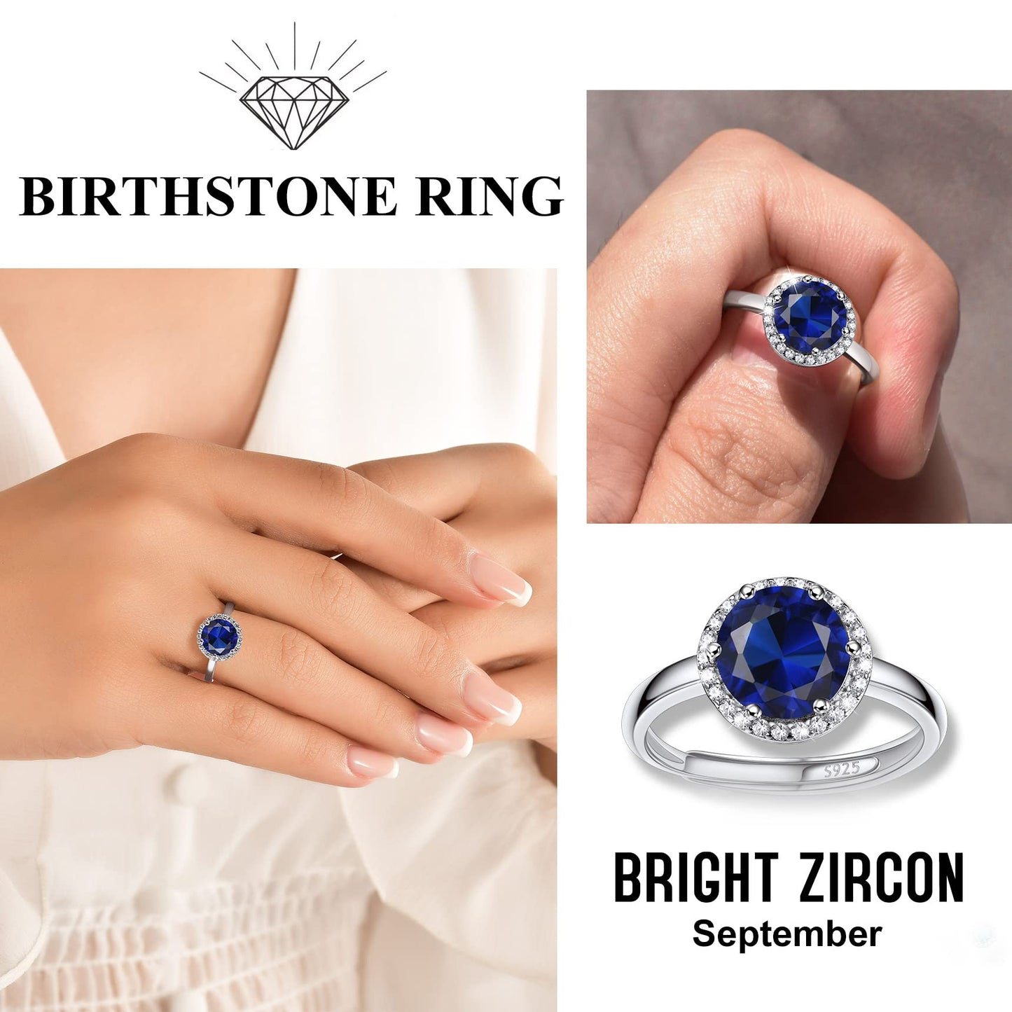 Bestyle Adorable September Sapphire Birthstone Rings 925 Sterling Silver CZ Round Gemstone Rings Great Birthday Gift for Daughter/Wife/Mom/Grandma